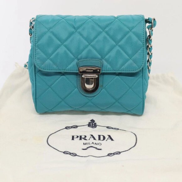 PRADA Chain Shoulder Bag Nylon Turquoise Blue Silver Auth 86958V - Picture 2 of 14